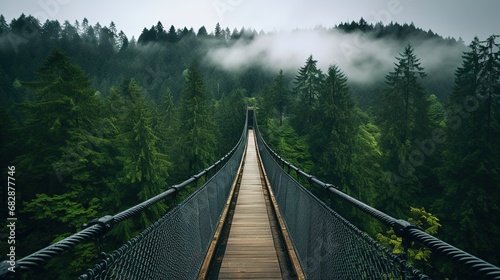Generative AI, treetop boarding bridge on misty fir forest beautiful landscape in hipster vintage retro style, foggy mountains and trees. 