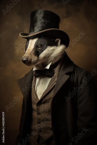 Black and white photography of an archeologist badger, generated with AI