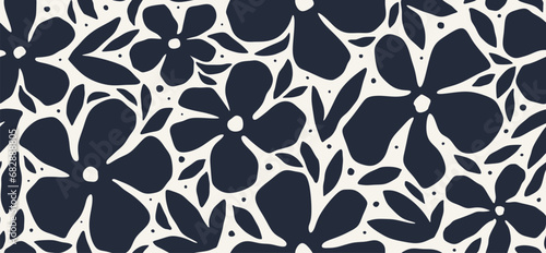 Hand drawn simple black abstract floral seamless pattern.
