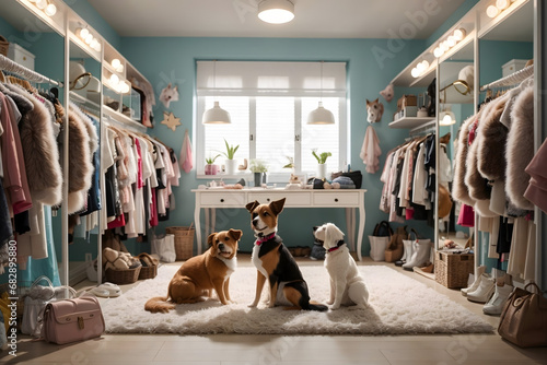 Dressing room where cats and dogs awaiting for make-up for a fashion parade event on the pet's day.
