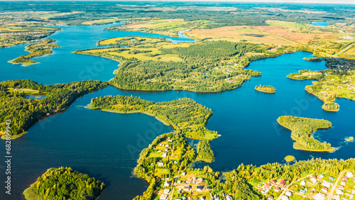 Drone Aerial View Of Villages Houses On Rivers Lakes Islands Summer Day. Top View Of Lake Nature From Attitude. Scenery Scenic Calm Landscape.