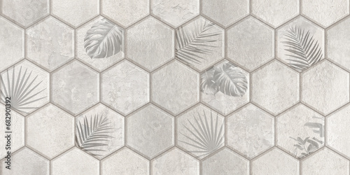 Graphics, tropics. Tile Azulejos patchwork. Portuguese and Spanish décor. Hexagon pattern. Wallpaper, tiles with a pattern of palm leaves on a gray cement background. Seamless pattern.