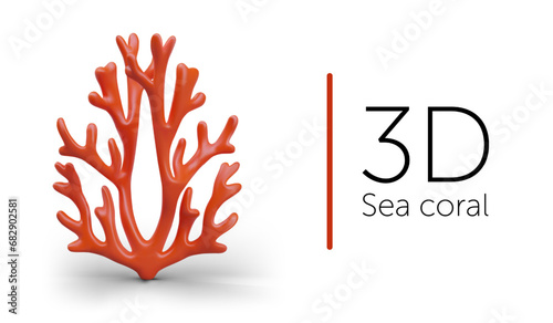 Placard with realistic sea coral on white background. Underwater sea plant, elements for aquarium concept. Coral composition with place for text. Vector illustration in 3d style