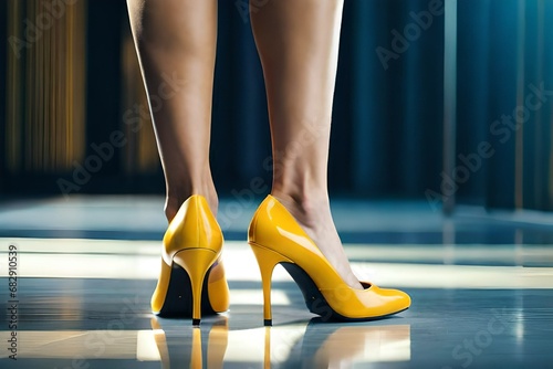 Pair of female legs with a yellow high heel shoe
