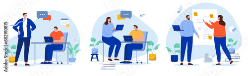 Getting feedback at work collection - Set of illustrations with people talking, helping and discussing with colleagues in business office. Flat design vector with white background
