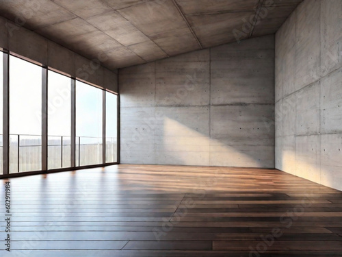 Interno vuoto della stanza con pareti di cemento, pavimento in legno scuro con luce soffusa proveniente dalla finestra. Atmosfera soft