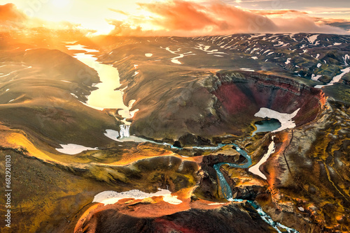 Dramatic landscape of sunset shines over volcanic mountain in Icelandic Highlands on summer at Iceland