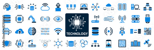 Technology icons set, industry 4.0 concept factory of the future, technology progress: ai, robot, data, database, 5g, near field communication, programming and many more - vector