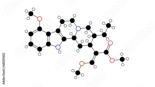 mitragynine molecule, structural chemical formula, ball-and-stick model, isolated image indole-based alkaloid