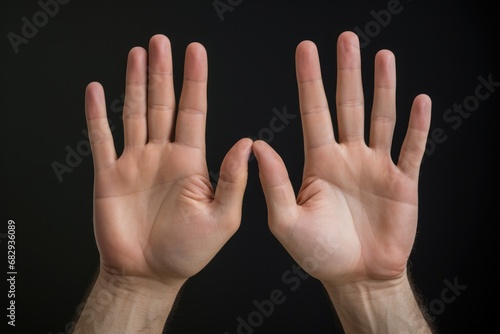 Man's Hand Showing Four Fingers in Open Gesture on Neutral Background: Business and Care Concept