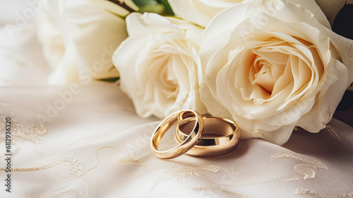 Wedding gold rings and rose flowers, wedding celebration