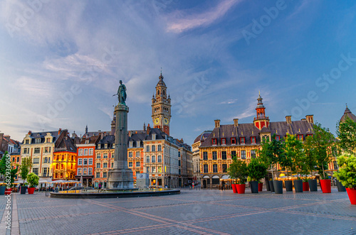 La Grand Place square in Lille city center, historical monument Flemish mannerist style buildings, Column of Goddess, Vieille Bourse in the evening, French Flanders, Nord department, Northern France