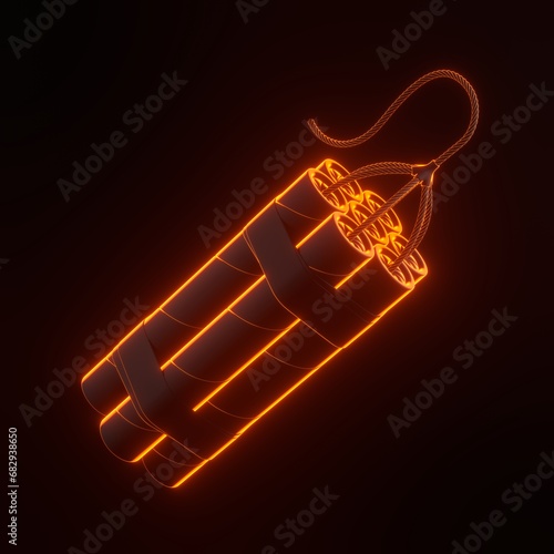 Bundle of dynamite sticks, TNT with wick with bright glowing futuristic orange neon lights on black background. Explosive supplies. 3D render illustration