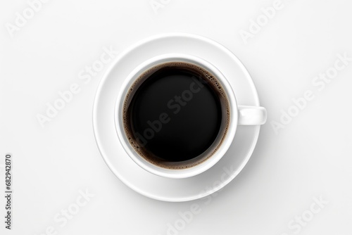 Top View of Black Coffee Cup with Hot Mocha on White Table in Cafe Office. Closeup of Cappuccino in White Cup