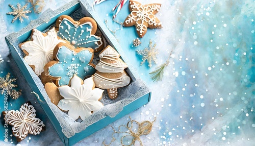 Glazed gingerbread in a decorative box. Christmas blue background with space for text