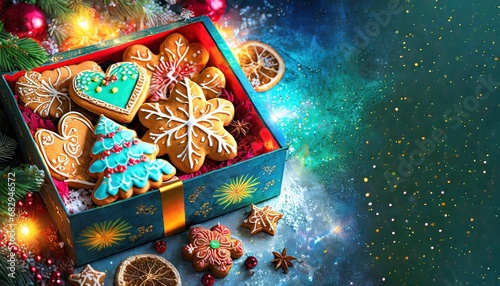Pudełko z piernikami otoczone gałązkami świerku i ozdobami. Bożonarodzeniowe tło