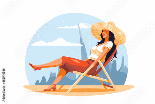 A woman in a straw hat relaxes on a wooden chair chaise longue. Vector cartoon style illustration.