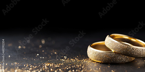 Golden wedding rings on a black background 