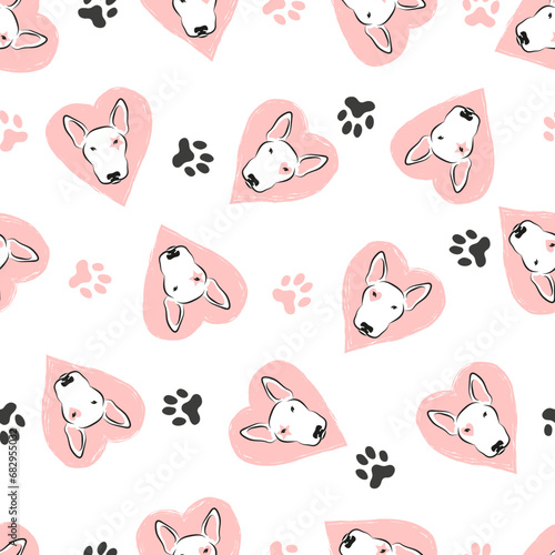 Seamless cute bull terriers pattern. Vector funny dogs and hearts illustration