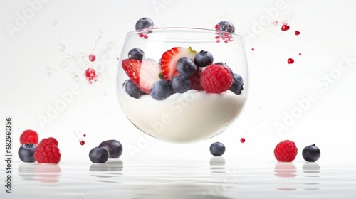 Healthy breakfast concept. Natural organic yogurt with flying levitation fresh berries ingredients. Creative food photography. 