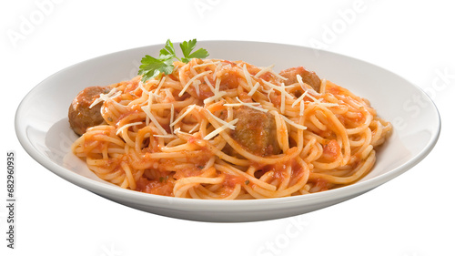 prato com espaguete ao molho de tomates acompanhado de almôndegas de carne isolado em fundo transparente