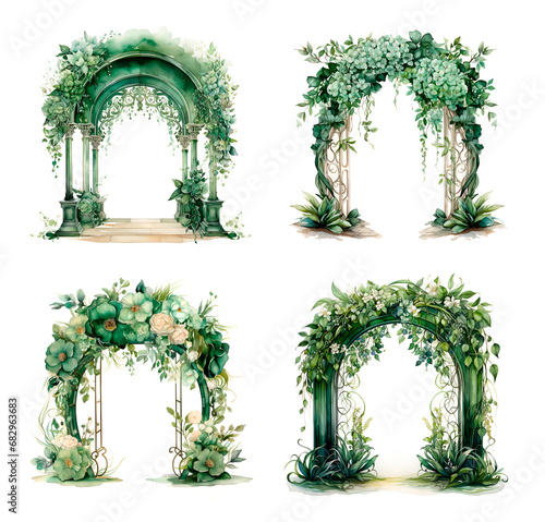 Watercolor illustration wedding arch for cerremony emerald green