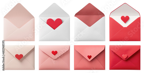 Paper mail envelopes with hearts isolated on transparent background. Valentine's Day holiday.