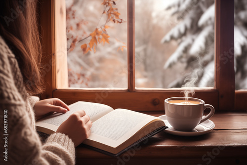 A young woman in a warm sweater is reading a book by the window with a view of a winter snowy park, a large white cup of hot drink is standing on a wooden windowsill and letting off steam.