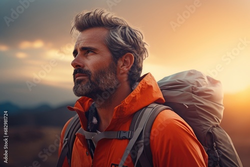 A picture of a man wearing an orange jacket and carrying a backpack. Suitable for outdoor and adventure-themed projects