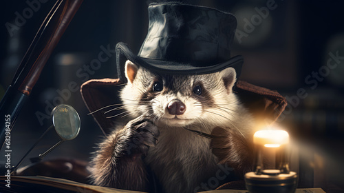 Ferret detective with hat inspecting magnifying glass