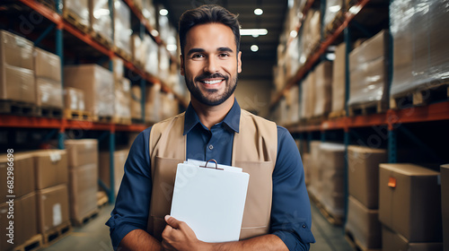 Portrait of happy male warehouse worker holding clipboard in warehouse.