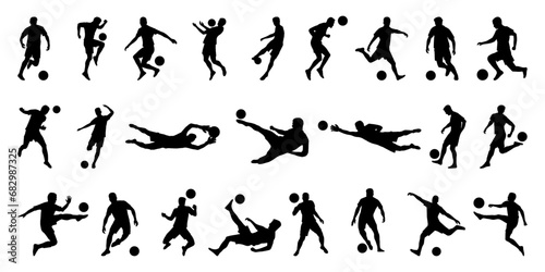 Collection of soccer football player silhouettes, flat vector design, including goalkeeper