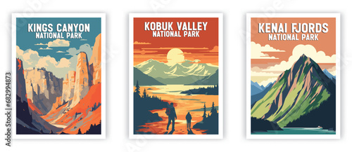 Kenai Fjords, Kings Canyon, Kobuk Valley, Illustration Art. Travel Poster Wall Art. Minimalist Vector art.