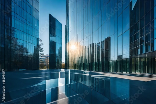 A sunlit office park under a crisp azure sky, shadows casting a dance on sleek glass facades reflecting a tranquil urban harmony