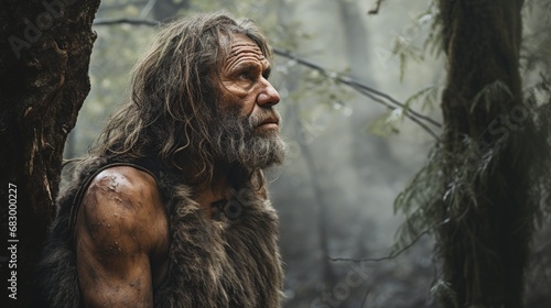 Neanderthal man in the forest, uncivilized, unintelligent, or uncouth