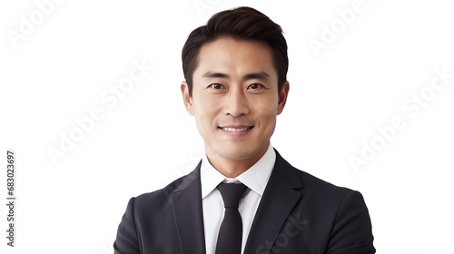 Asian businessman smiling and looking at camera transparent background. Generative AI.