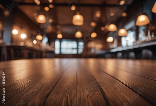 Empty wooden floor in pub or restaurant with bokeh light background High quality photo