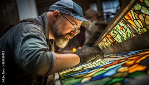 Working in Color: A Skilled Craftsman Creating a Beautiful Stained Glass Masterpiece