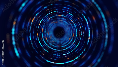 Technology wireframe circle tunnel on dark background. Futuristic 3D wormhole grid. Digital dynamic wave. 3d rendering.