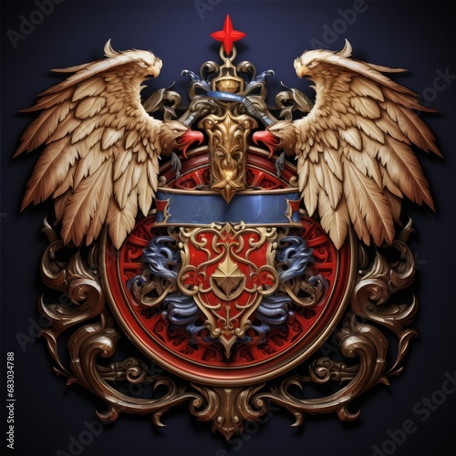 a gold and red emblem with wings and a red shield