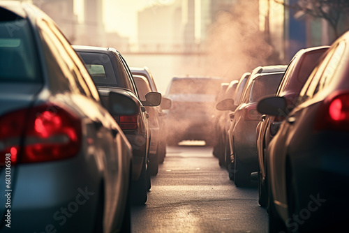car stuck in traffic with visible exhaust fumes, air pollution 