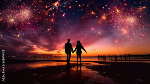 silhouette of a couple walking hand in hand on the beach with fireworks lighting up the night sky