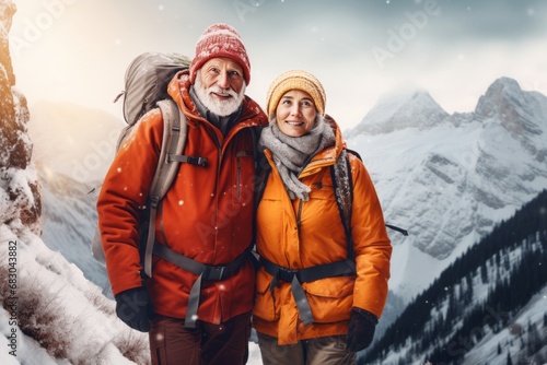 Happy senior couple hiking in winter mountains. Travel and active lifestyle concept.