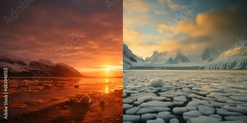 A split-screen image portrays the stark difference between hot and cold climates as countries grapple with the first-time breach of the 2-degree limit agreed upon to curb global warming