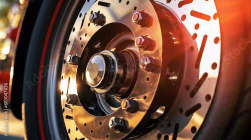 Closeup steel brake disk and detail of wheel hub with sunlight.Closeup steel brake disk and detail of wheel hub with sunlight.