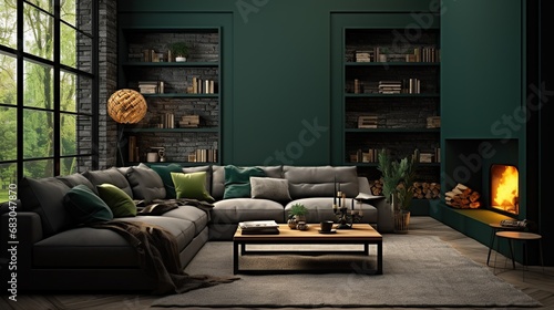 Living room, monochrome dark green colors. Interior design