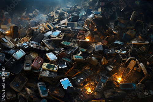 Pile of old mobile phones on the ground in a garbage dump, Generative Ai