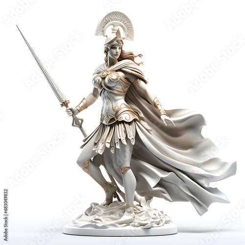 A sculpture of the Greek mythological goddess Athena, representing battle strategy and wisdom, isolated on a white background,