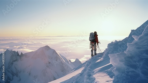 Brave Climber Conquers Snow-Capped Mountain Peak Amid Stunning Winter Landscape