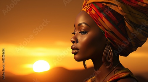 African woman wearing traditional national clothing and head wrapper. Black History Month concept. Black beautiful lady close-up portrait dressed in colourful cloth and jewellery. .